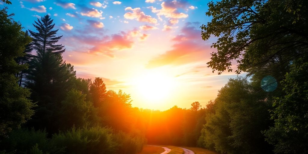 A sunrise over a forest path, symbolizing new beginnings.