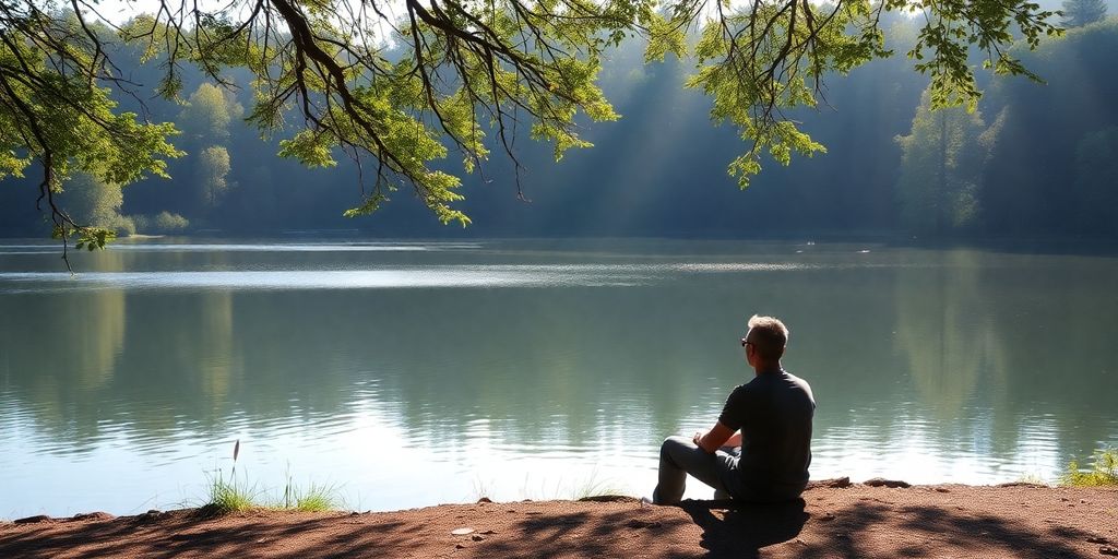 Person reflecting by a calm lake in nature.