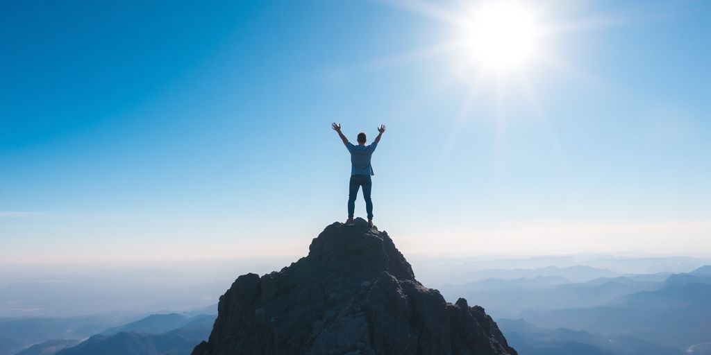 Person celebrating success on a mountain peak.