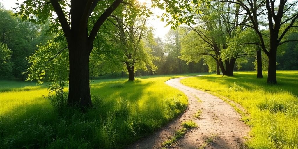 A peaceful path through a lush green landscape.