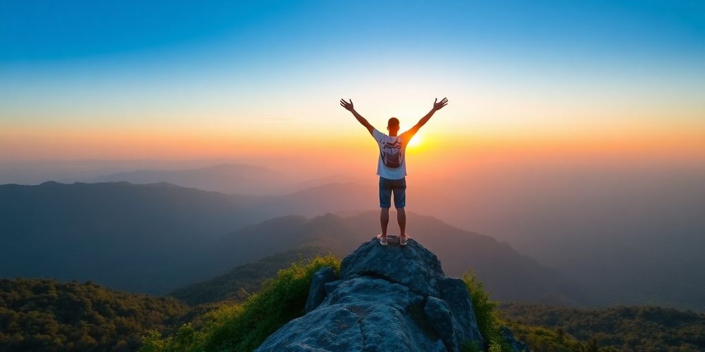 Person on mountain peak with arms open to sky.