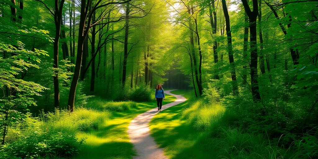 Person walking on a path in a green forest.