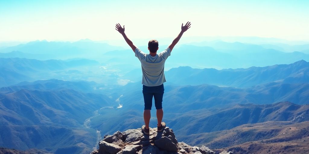 Person celebrating achievement on mountain peak.