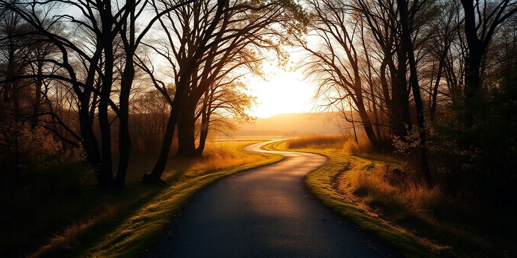 A winding path through a tranquil landscape toward the horizon.