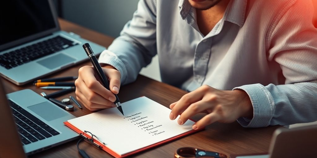 Person writing action steps with tools around them.