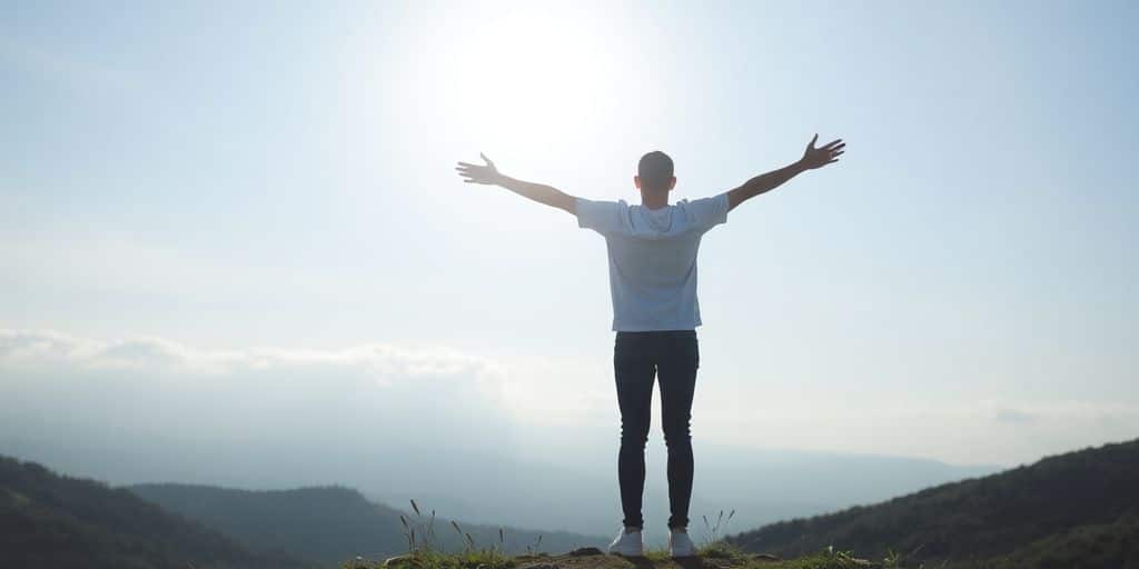 Person on hilltop embracing sunlight in a serene landscape.