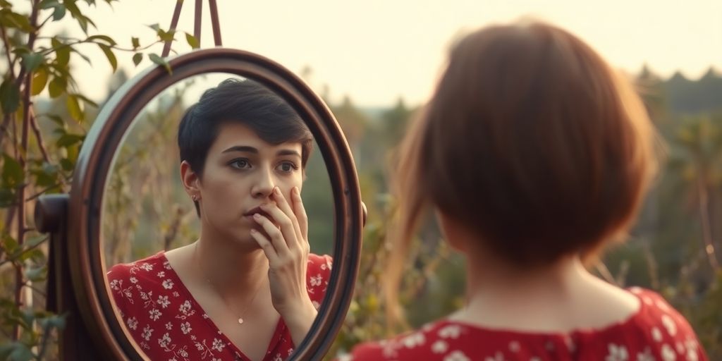 Person reflecting in a mirror surrounded by nature.