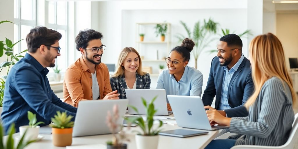 Diverse team collaborating in a modern office environment.