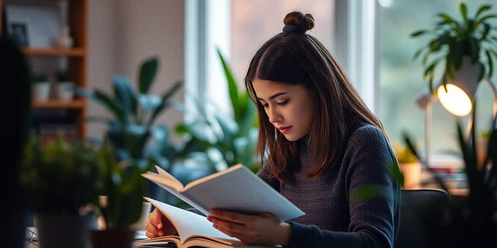 Person reading in a peaceful, distraction-free workspace.