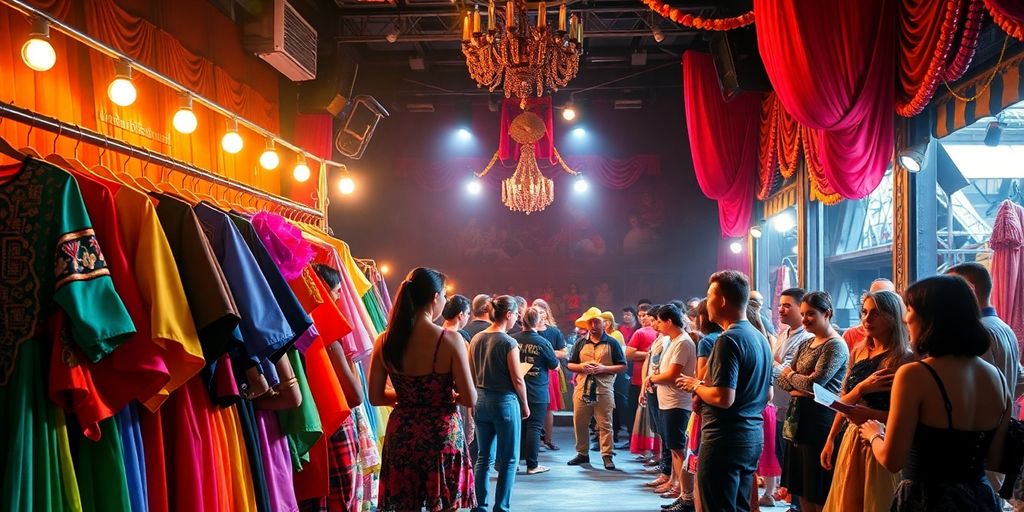 Backstage performers in colorful costumes preparing for a festival.