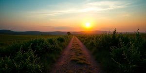 A sunrise over a clear path in a serene landscape.