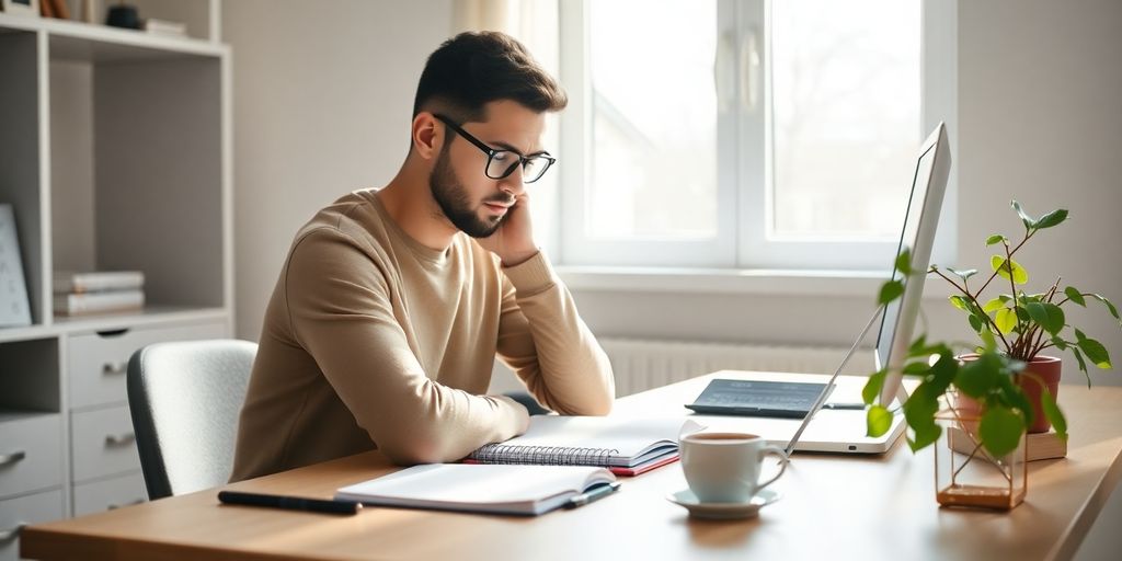 A person focused at a clean desk with plants.