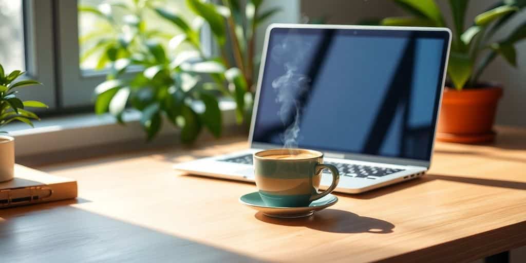 Calm workspace with laptop and coffee for focus.