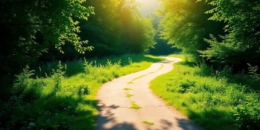 Winding path through greenery under soft sunlight.