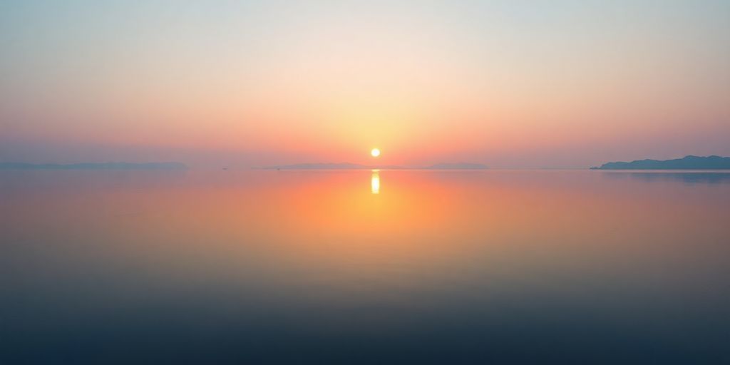 Sunrise over a calm lake reflecting soft colors.