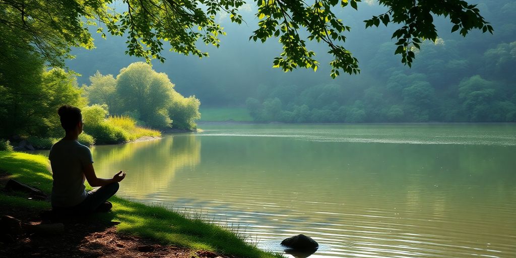 Person meditating by a tranquil lake in nature.