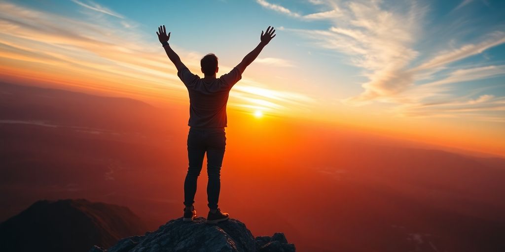 Person celebrating achievement on a mountain peak at sunrise.