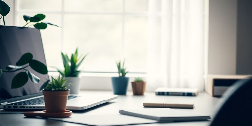 Cozy workspace with a laptop and plants in focus.