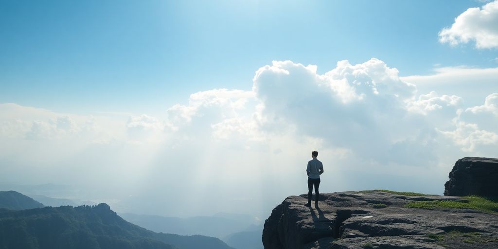 Person at cliff edge gazing at horizon in tranquility.