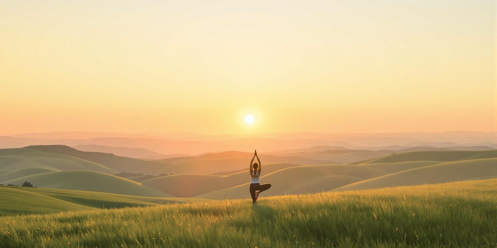 Person practicing yoga at sunrise in peaceful landscape.