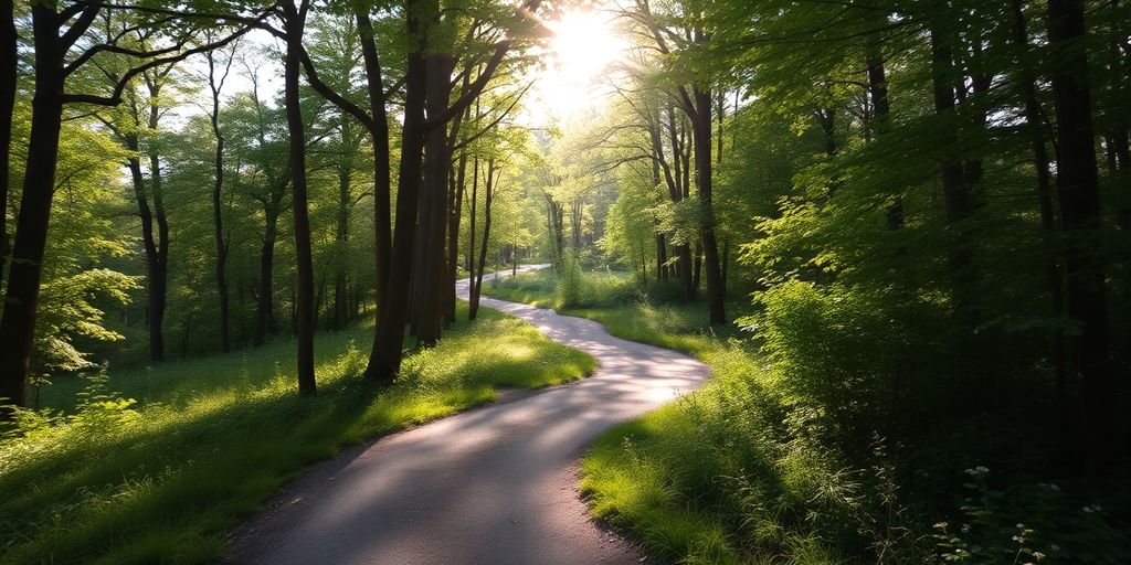 A tranquil forest path bathed in soft sunlight.