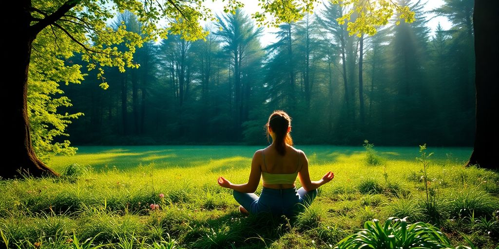 Person meditating in a vibrant natural setting.