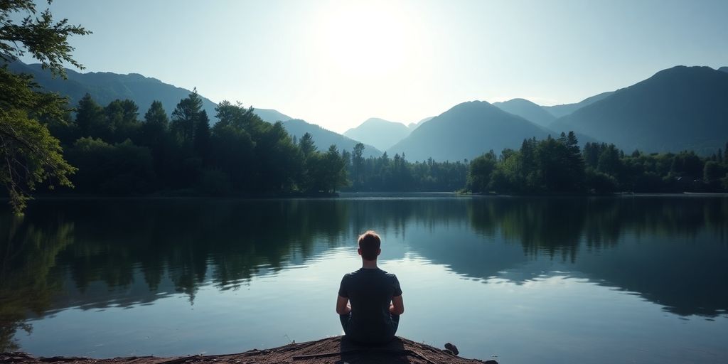 Person reflecting by a tranquil lake surrounded by nature.