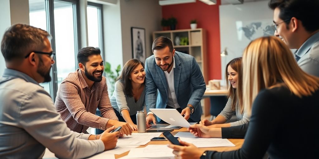 Leader inspiring a diverse team in a vibrant office.