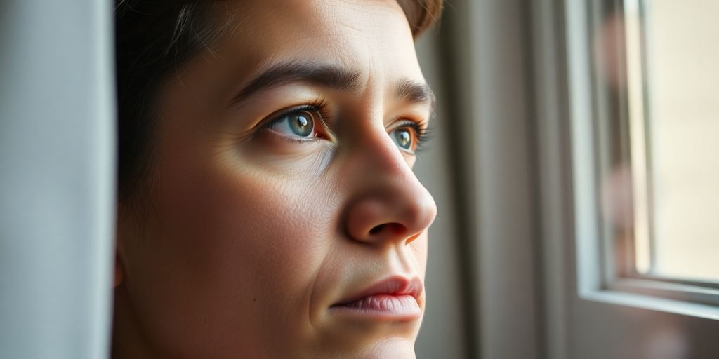 Thoughtful person looking out a window, reflecting on life.