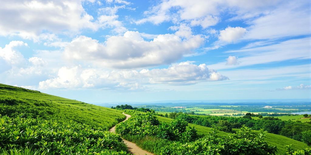 A winding path through a tranquil, green landscape.