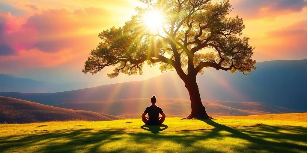 Person meditating in a colorful, tranquil natural setting.