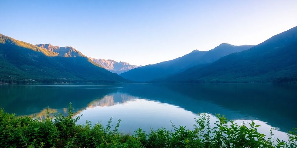 Calm lake reflecting mountains and greenery, evoking tranquility.