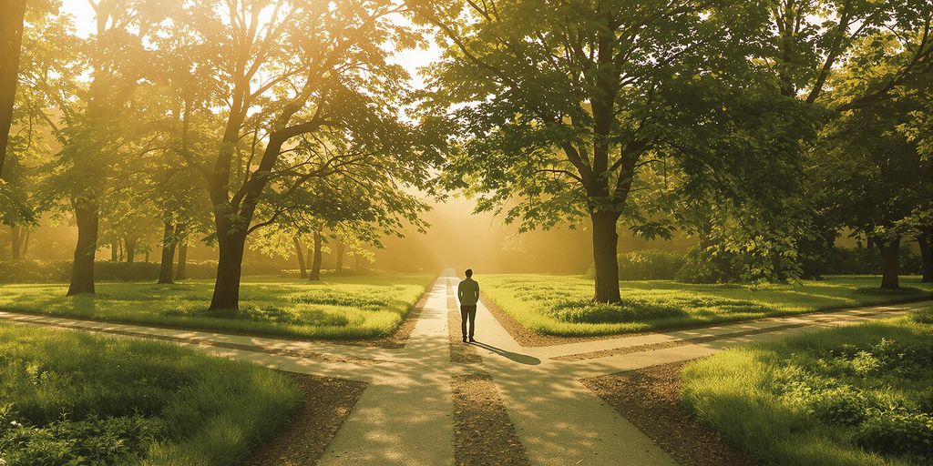 Person at crossroads in a serene nature setting.