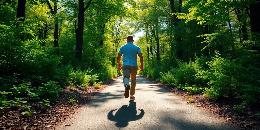 Person walking on a path through a sunny forest.