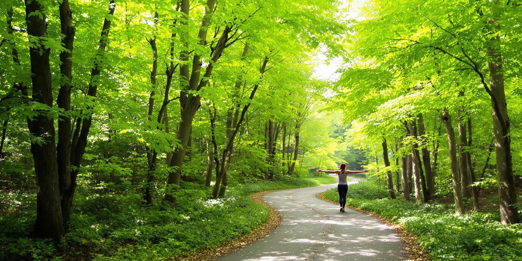 Person with open arms in a lush green forest.