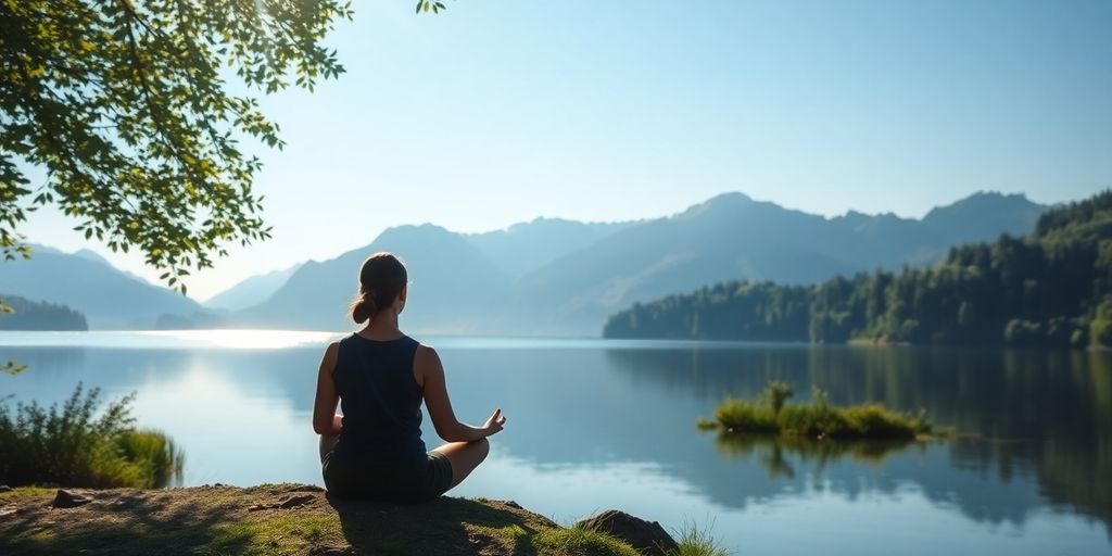 Person meditating by a peaceful lake in nature.