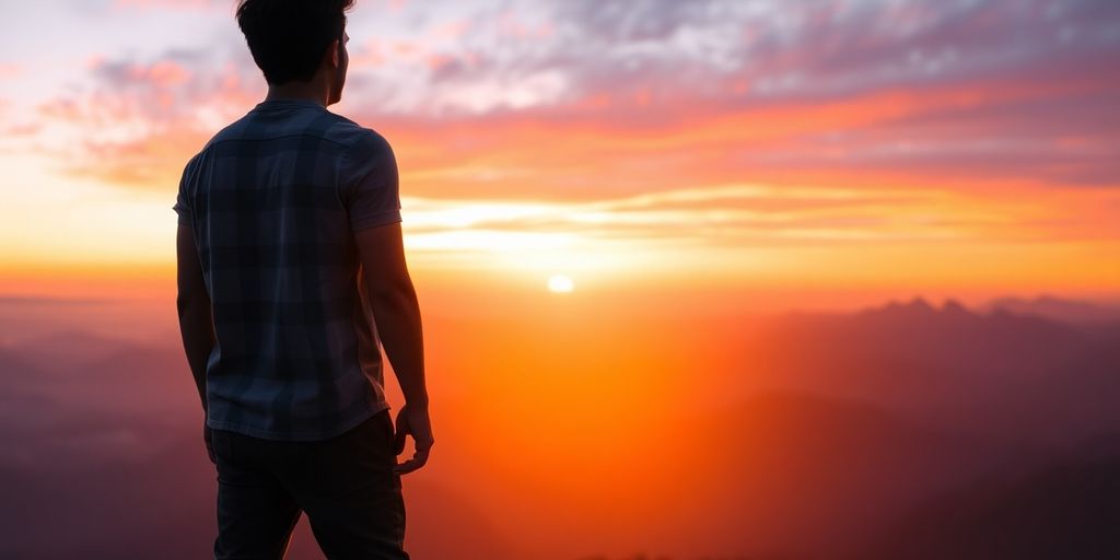 Person on mountain peak, gazing at sunrise landscape.