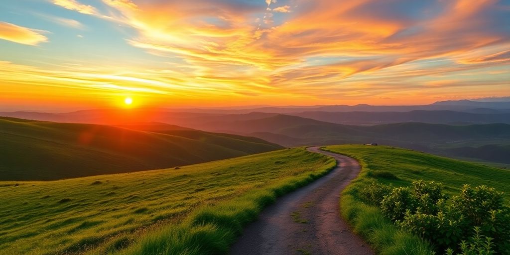 Sunrise over hills with a winding path to the horizon.