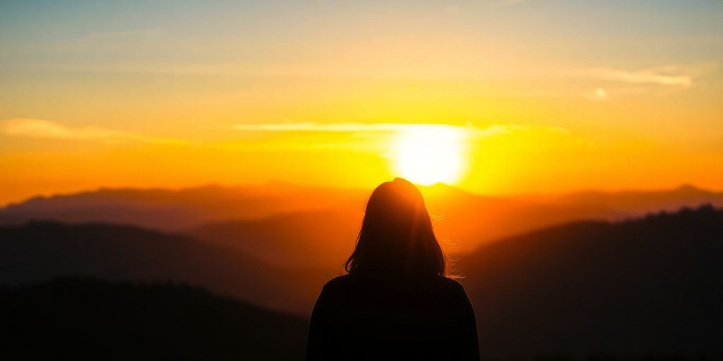 A person looking at a sunrise over mountains.