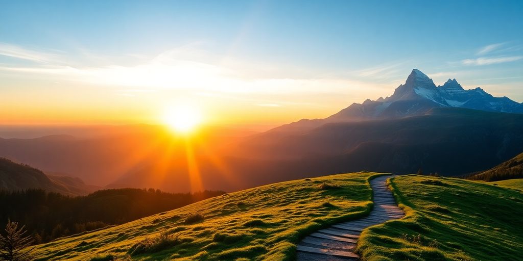 Sunrise over mountains with a winding path ahead.