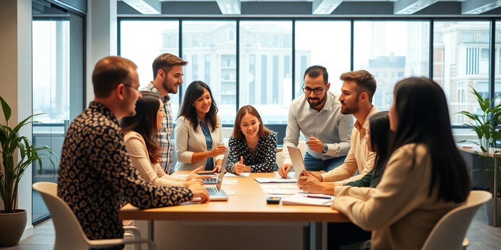 Team collaborating in a bright, modern office setting.