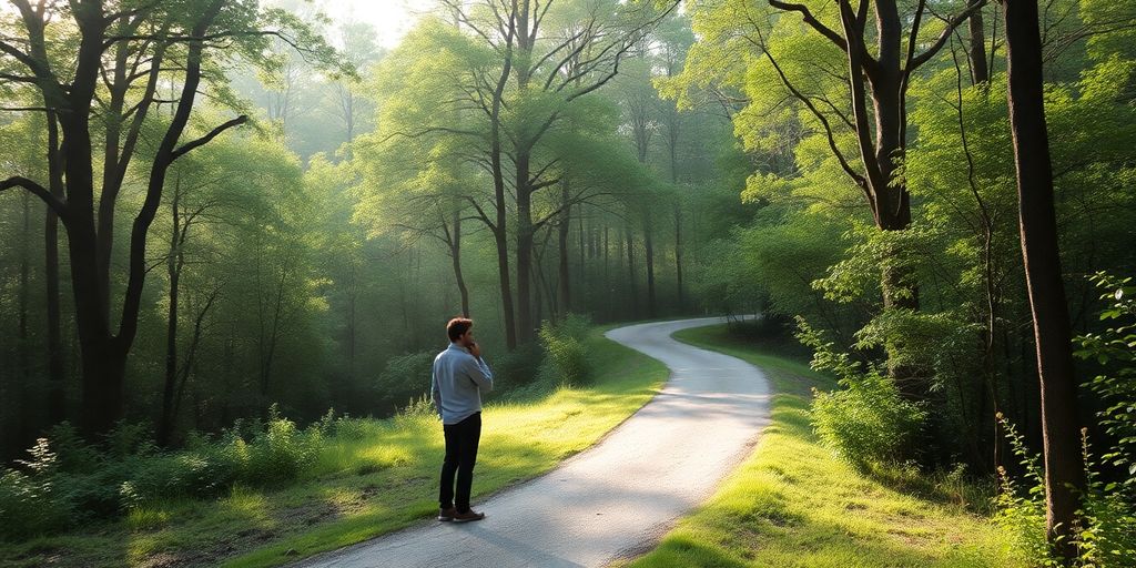 A person at a crossroads in a tranquil forest.