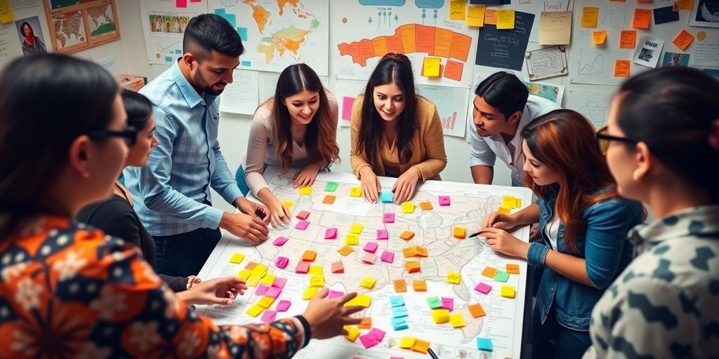 Team brainstorming with colorful sticky notes and visuals.