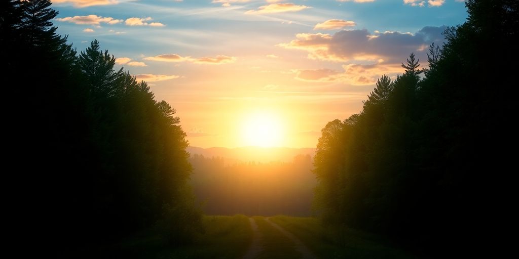 Path through forest at sunrise, symbolizing new beginnings.