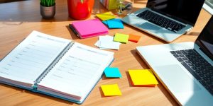 Colorful workspace with planner and sticky notes for motivation.