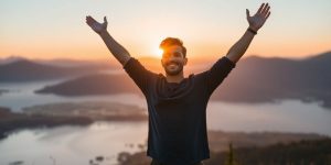Person celebrating confidence in a beautiful outdoor setting.